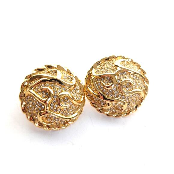 Vintage Chic Gold Tone Rope Detail Pave Rhinestone Swirled Clip On Earrings - Picture 1 of 3